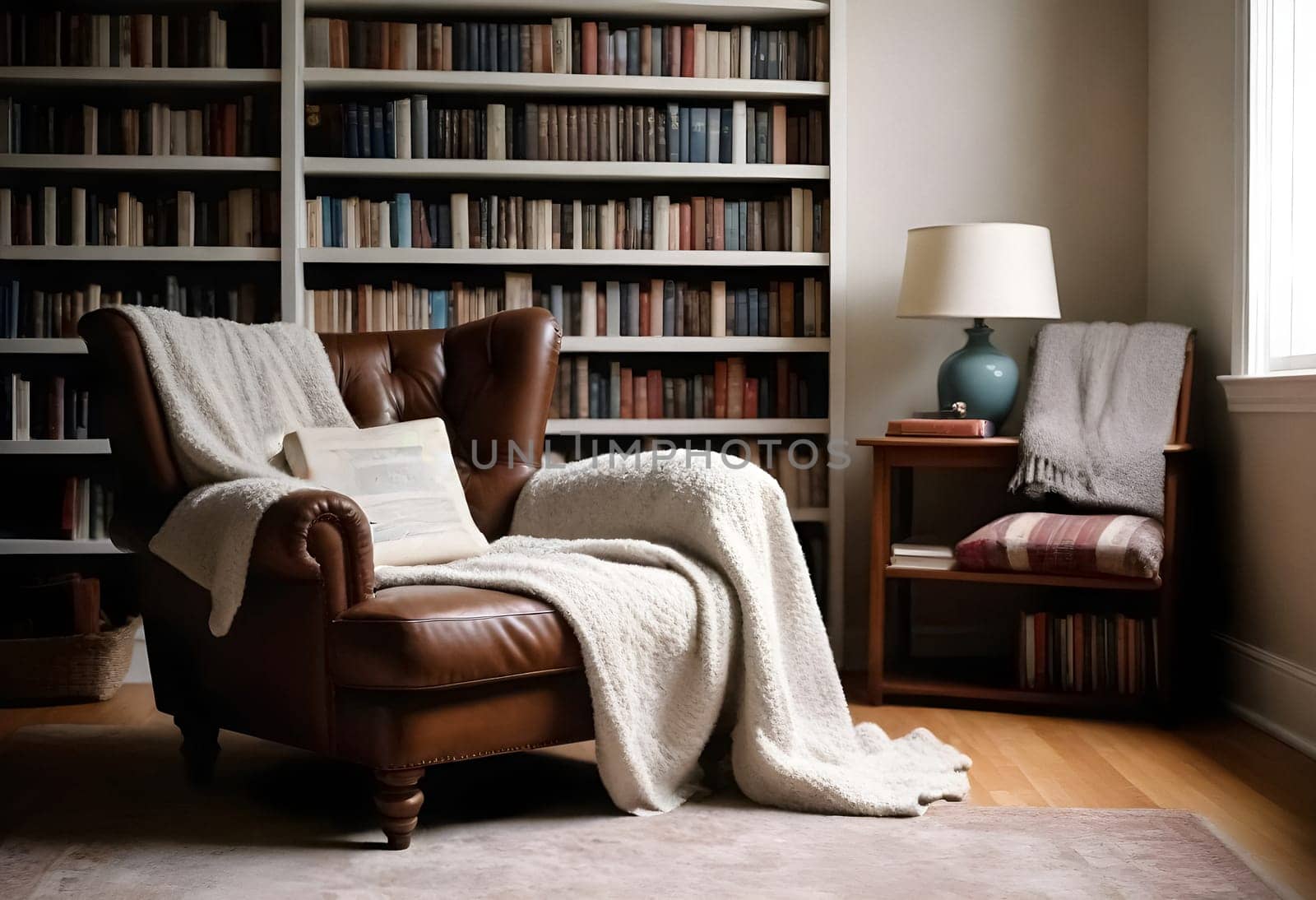 AI generated of a living room with a couch and a bookcase with books on the shelves