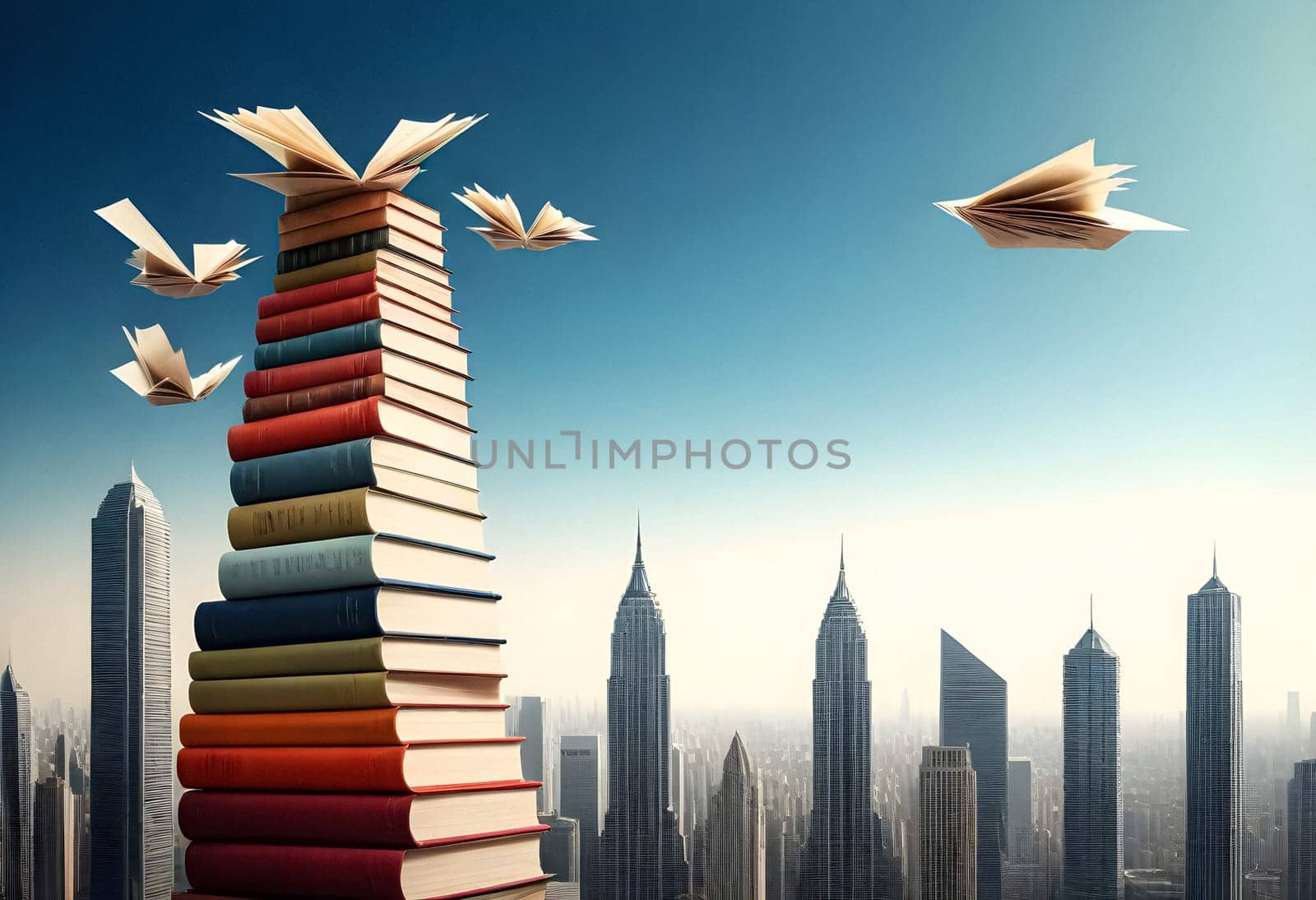 AI generated of a stack of books with paper birds flying over them