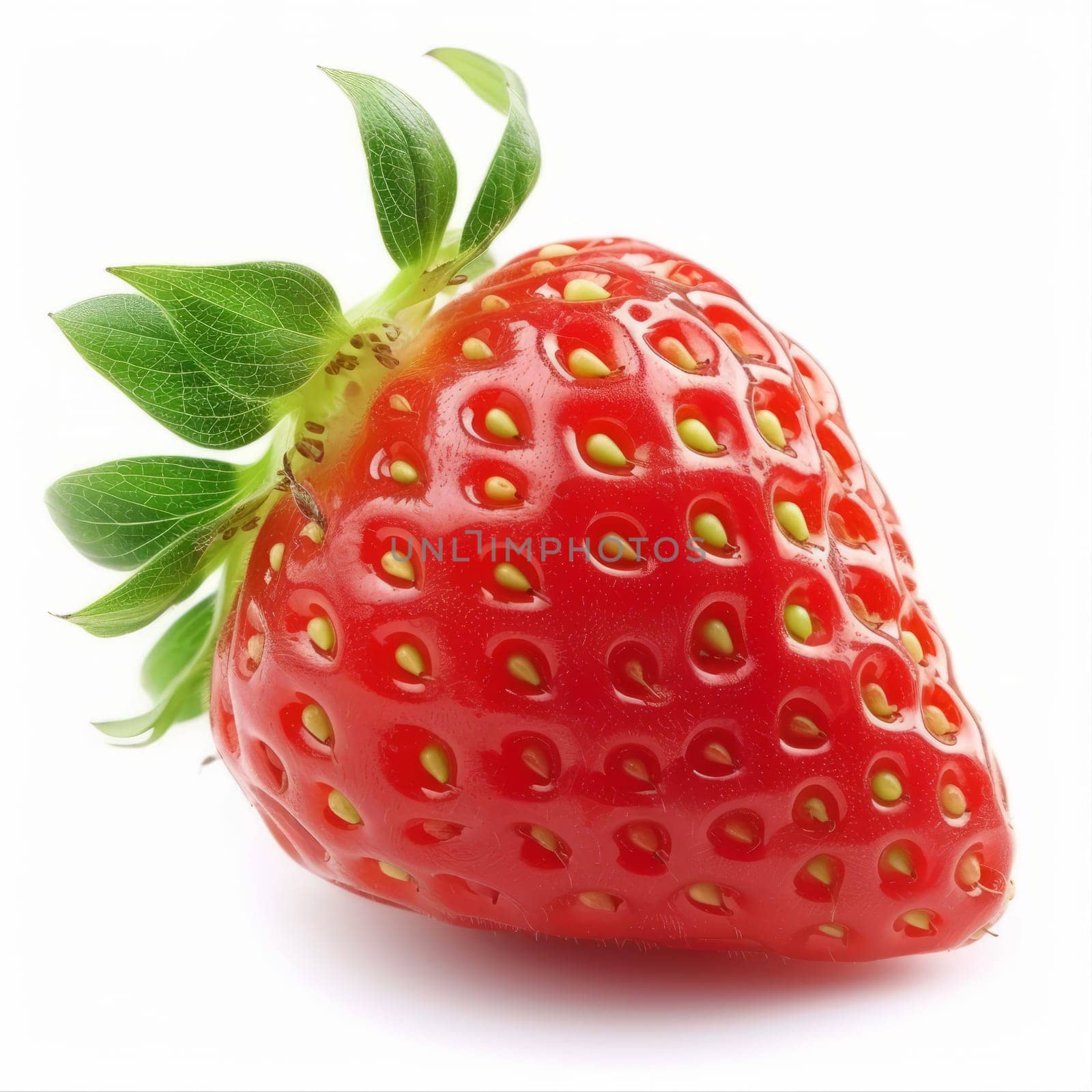 Bright red strawberry with green leaves isolated on a white background