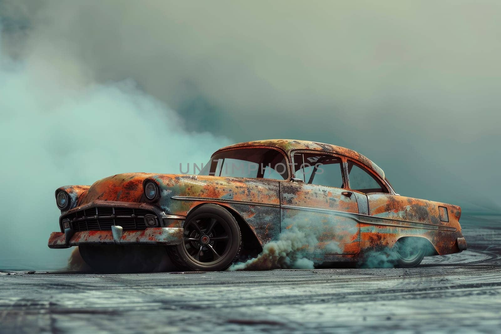 Old car drifting, rusty drift car with lots of smoke from burning tires on speed track. Ai generated