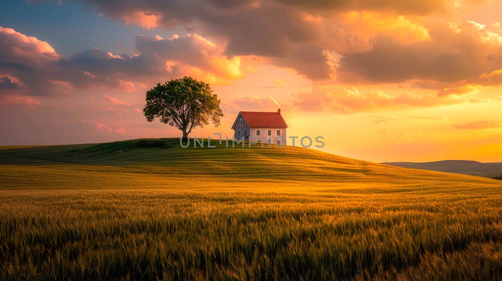 Rolling hills, solitary house and green field on warm sunset . Ai generated