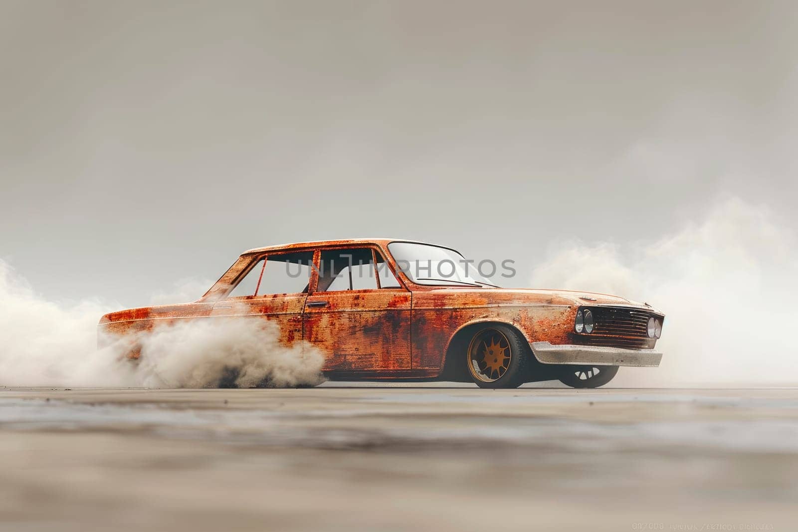 Drifting with an old rusty car on a dirt road. Ai generated