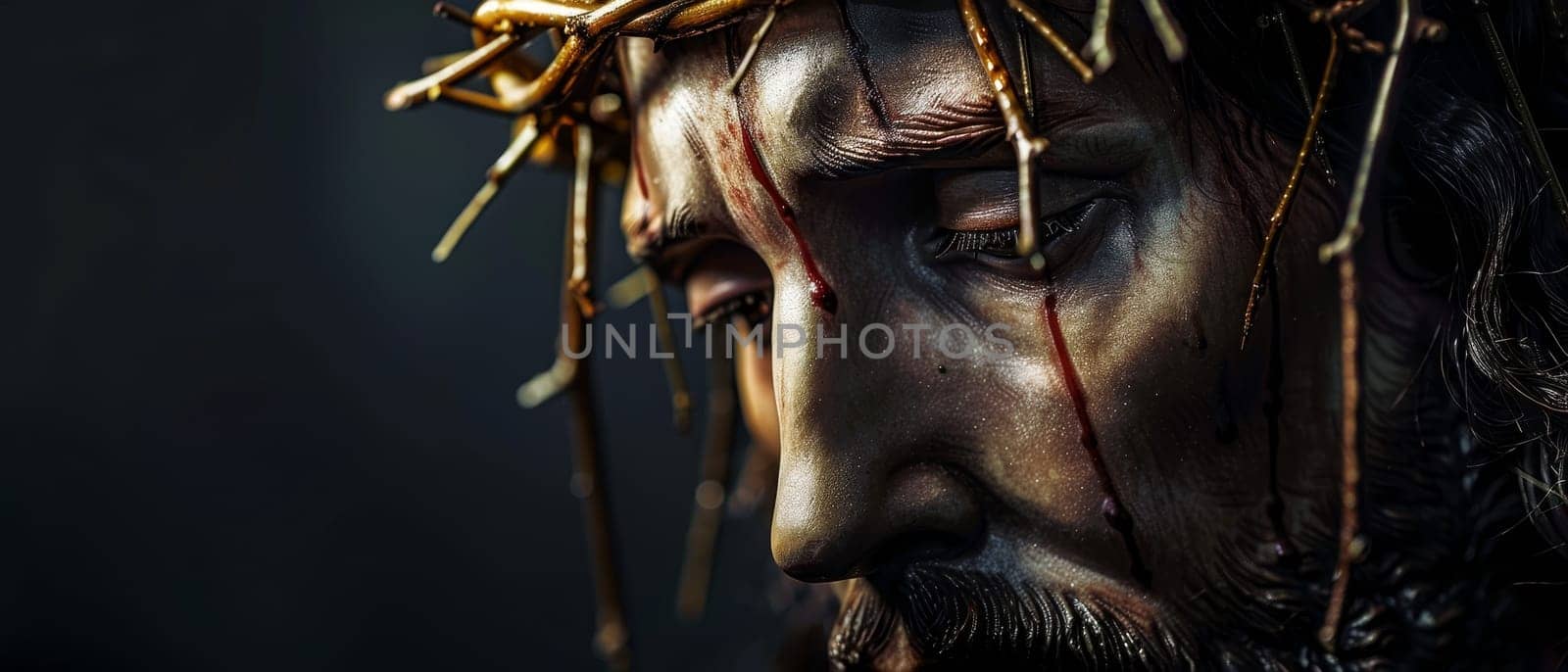 A detailed image of a man with a crown of thorns, the play of light and shadow highlighting his emotional pain and resilience