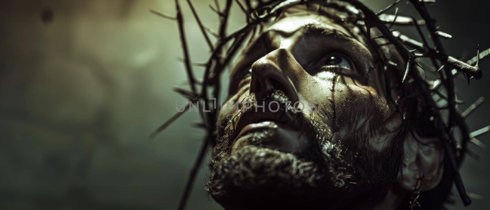 A haunting portrait of a man looking skyward, his visage framed by a sharp crown of thorns in a misty atmosphere