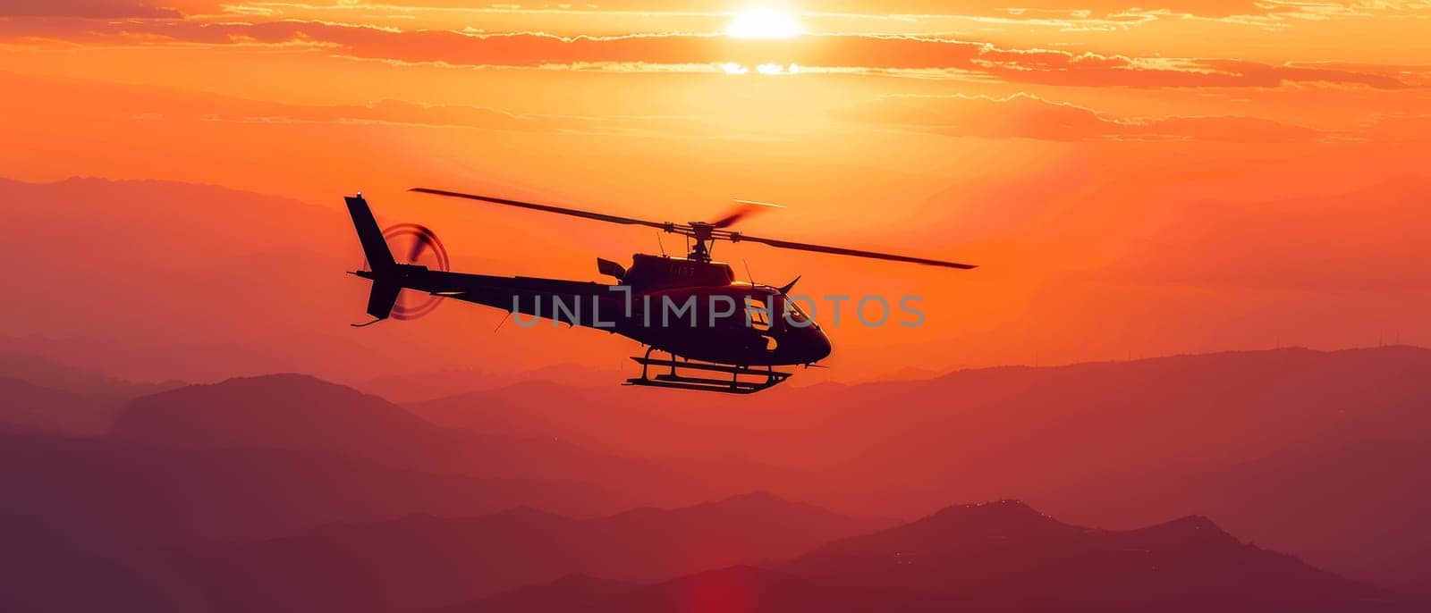 A helicopter in flight is silhouetted against a breathtaking sunset, showcasing the beauty of aviation and nature's backdrop