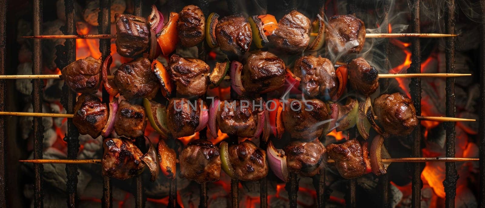 Barbecue skewers being cooked over a grill at sunset, capturing the essence of outdoor dining and flavor