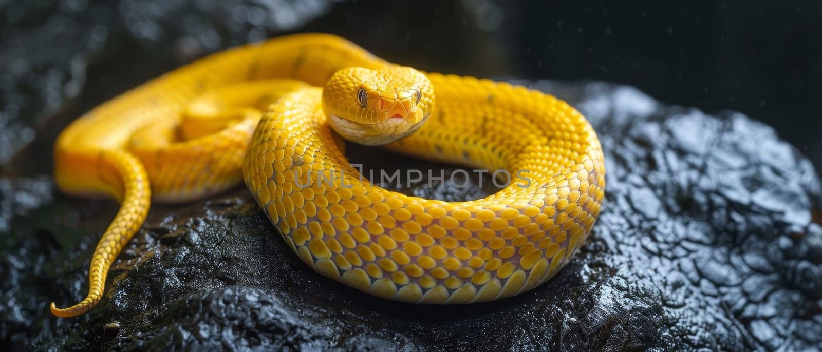 A serpentine beauty captures the viewer with its piercing gaze, its sinuous body coiling amidst atmospheric shadows that accentuate its striking yellow scales