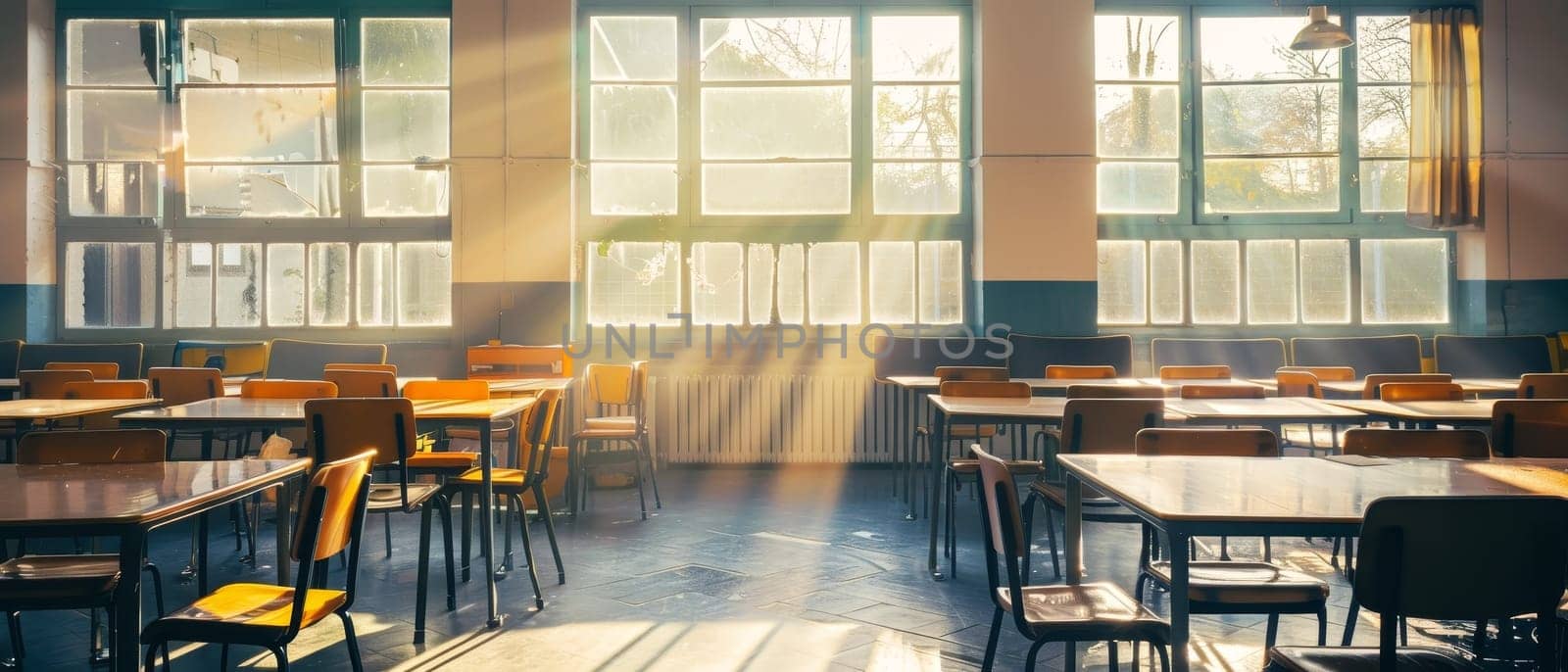 Dusk light filters through frosty classroom windows, illuminating the empty student desks and creating a contemplative atmosphere