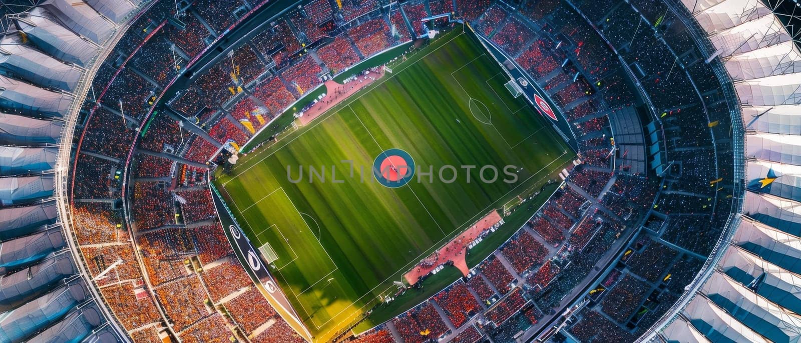 A kaleidoscopic aerial view of a stadium, with rows of colorful seats surrounding the brilliant green playing field below