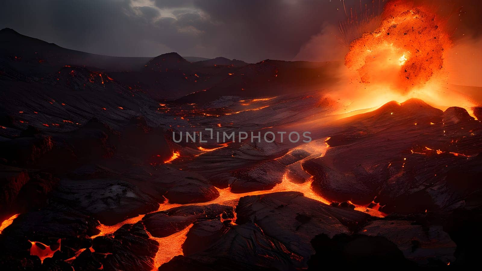 volcano with eruption and magma flow