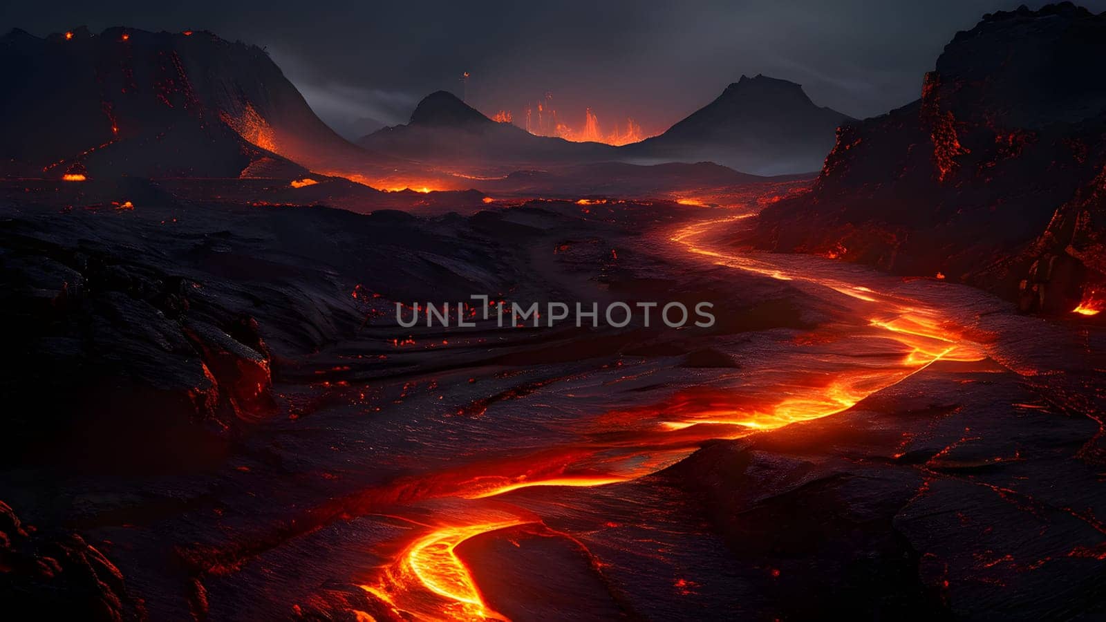 volcano with eruption and magma flow