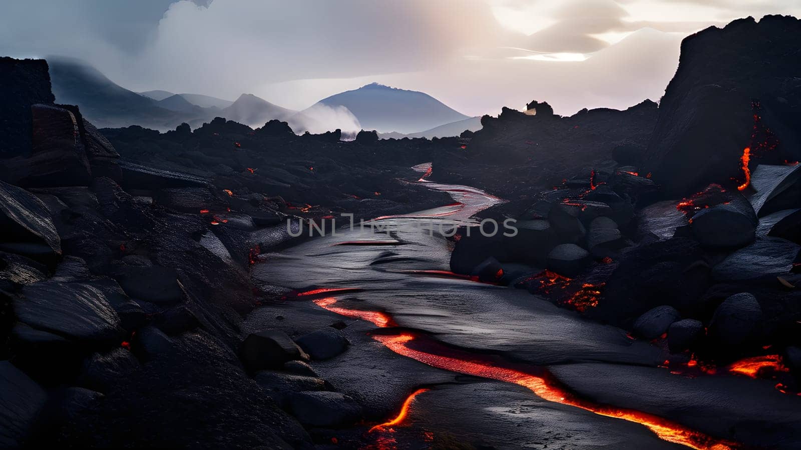 volcano with eruption and magma flow