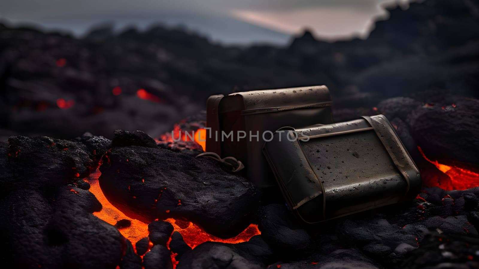 volcano with eruption and magma flow destroying personal belongings