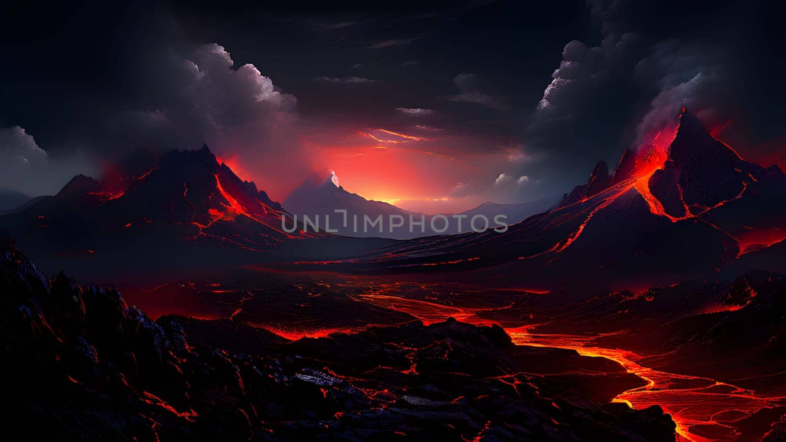 volcano with eruption and magma flow
