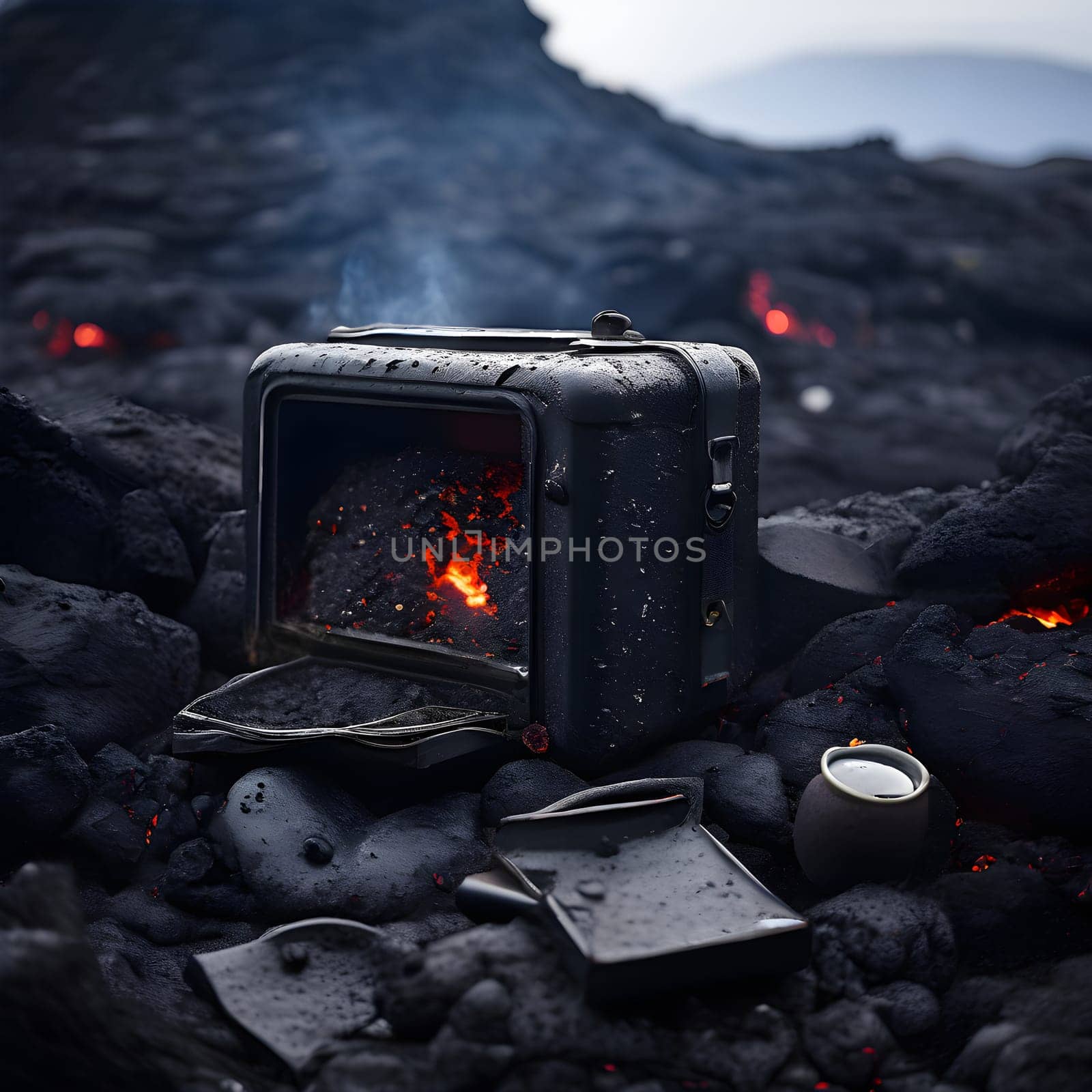 volcano with eruption and magma flow destroying personal belongings