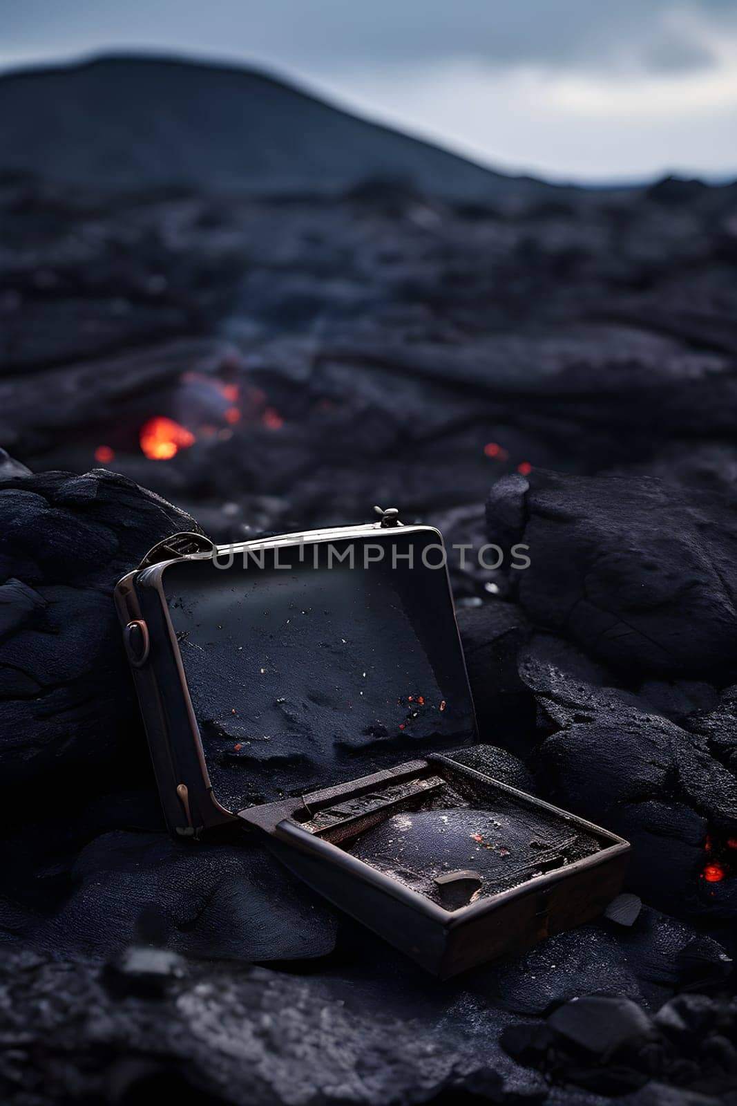 volcano with eruption and magma flow destroying personal belongings