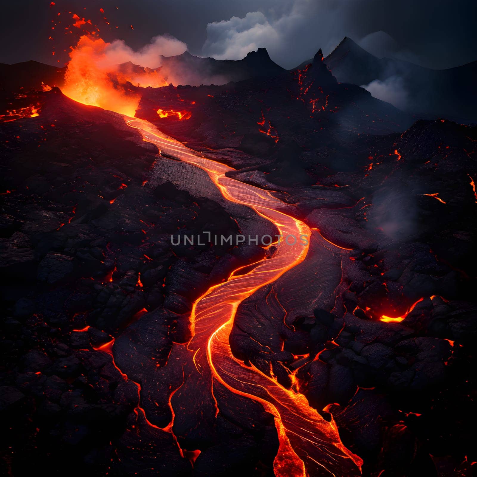 volcano with eruption and magma flow