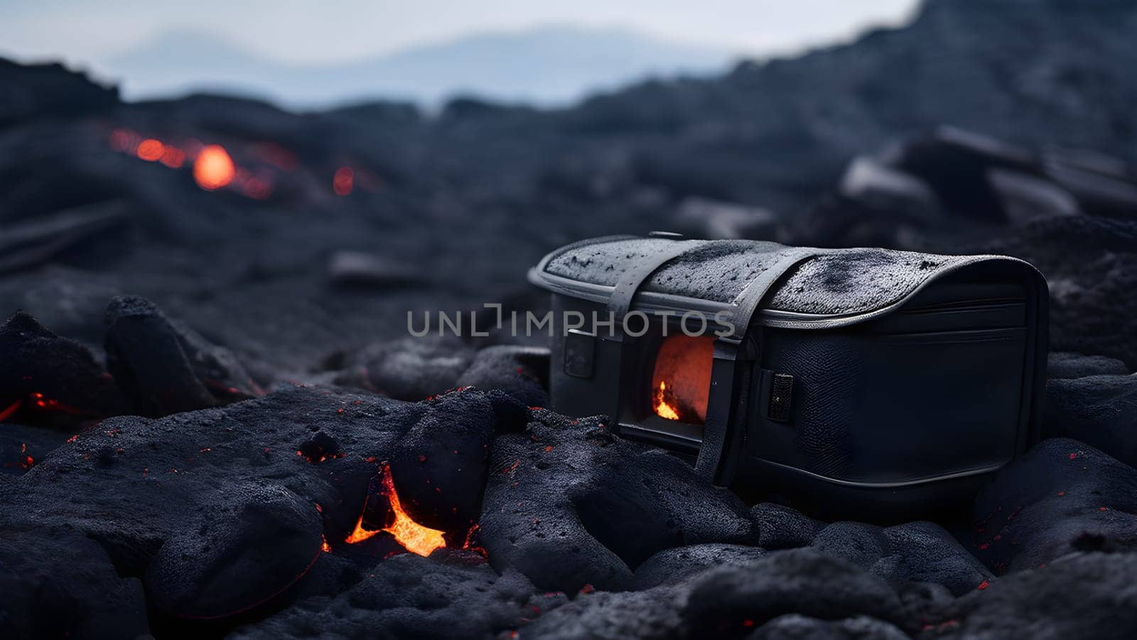 volcano with eruption and magma flow destroying personal belongings