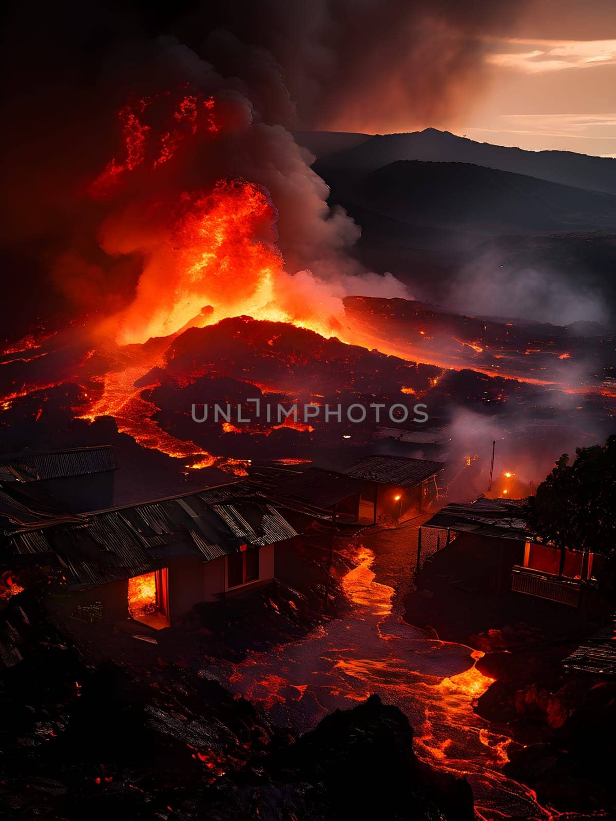 volcano with eruption and magma flow