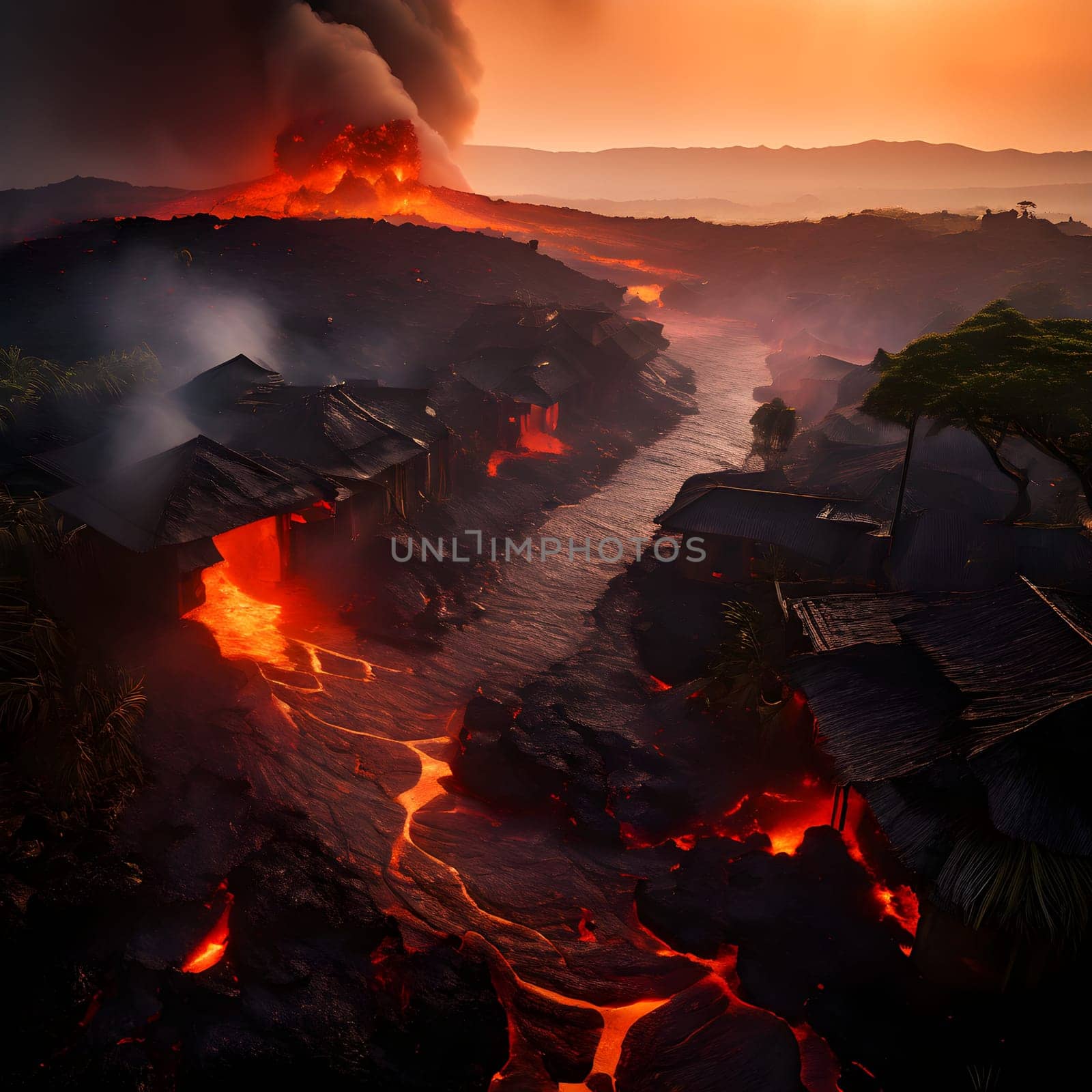 volcano with eruption and magma flow