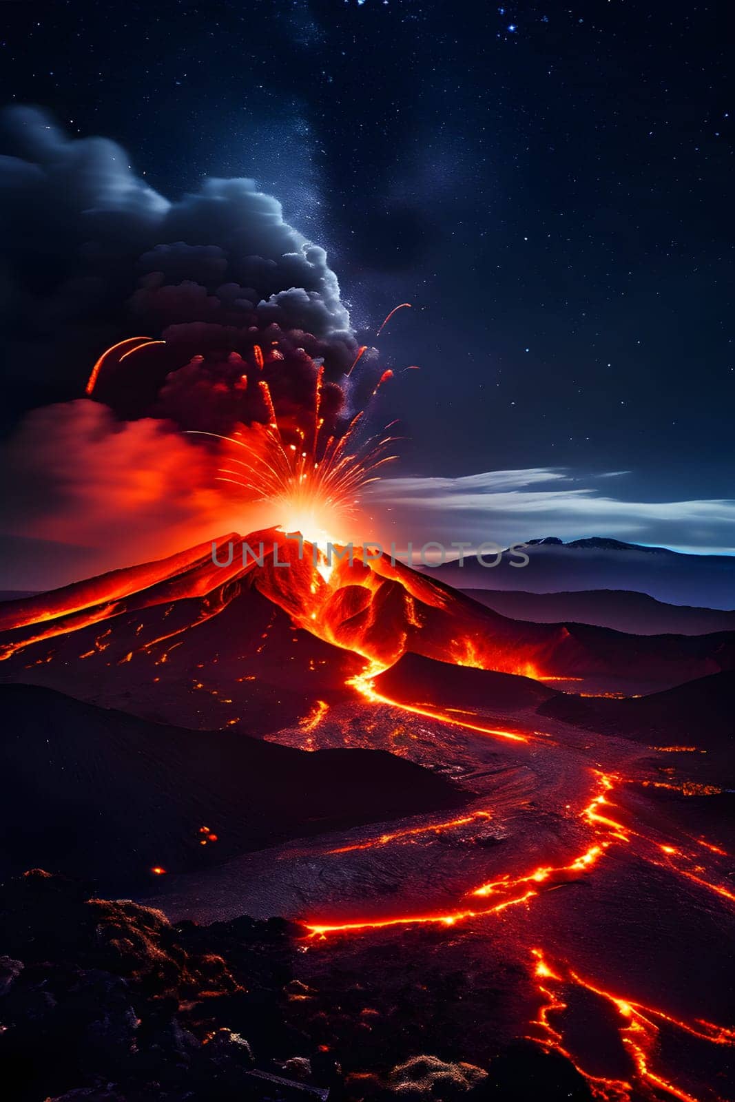 volcano with eruption and magma flow