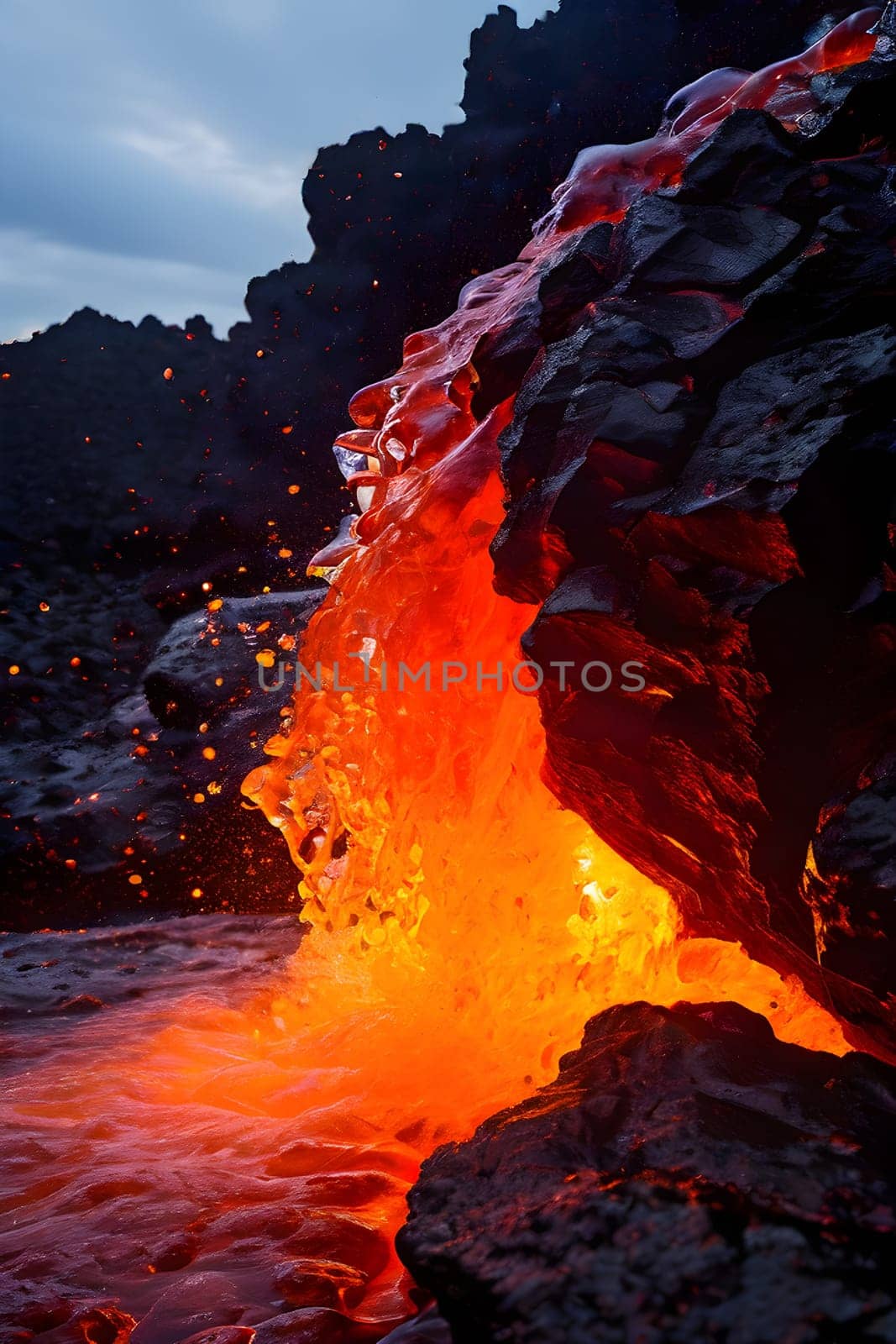 volcano with eruption and magma flow