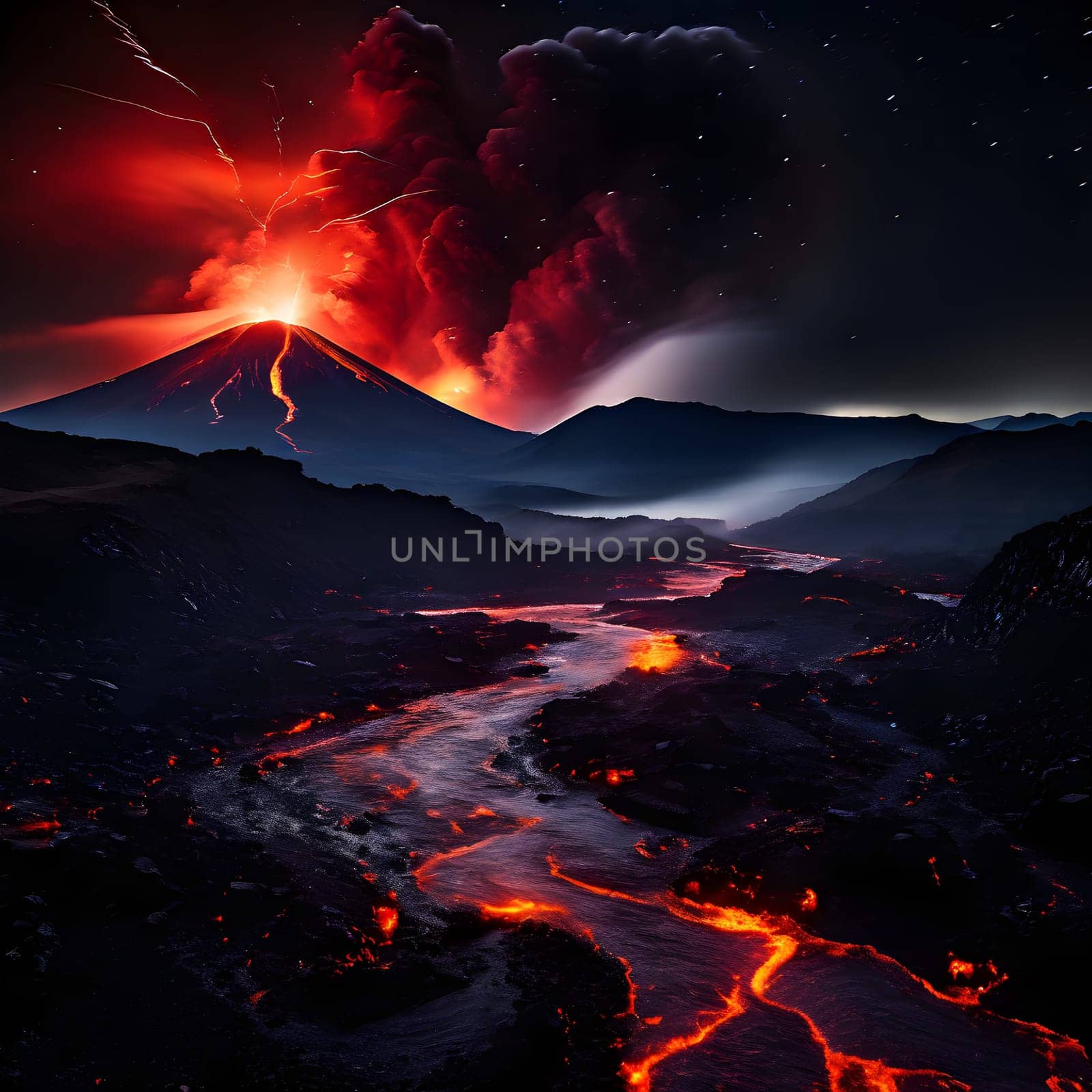 volcano with eruption and magma flow