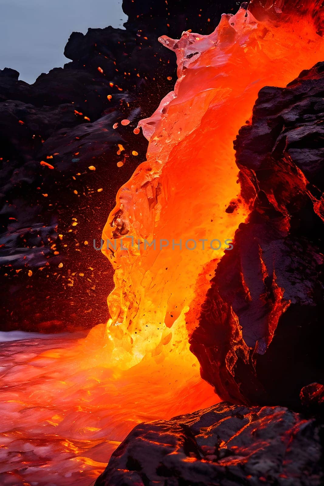 volcano with eruption and magma flow