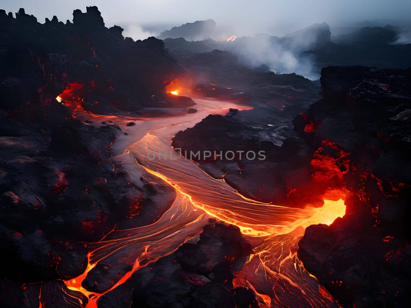 volcano with eruption and magma flow