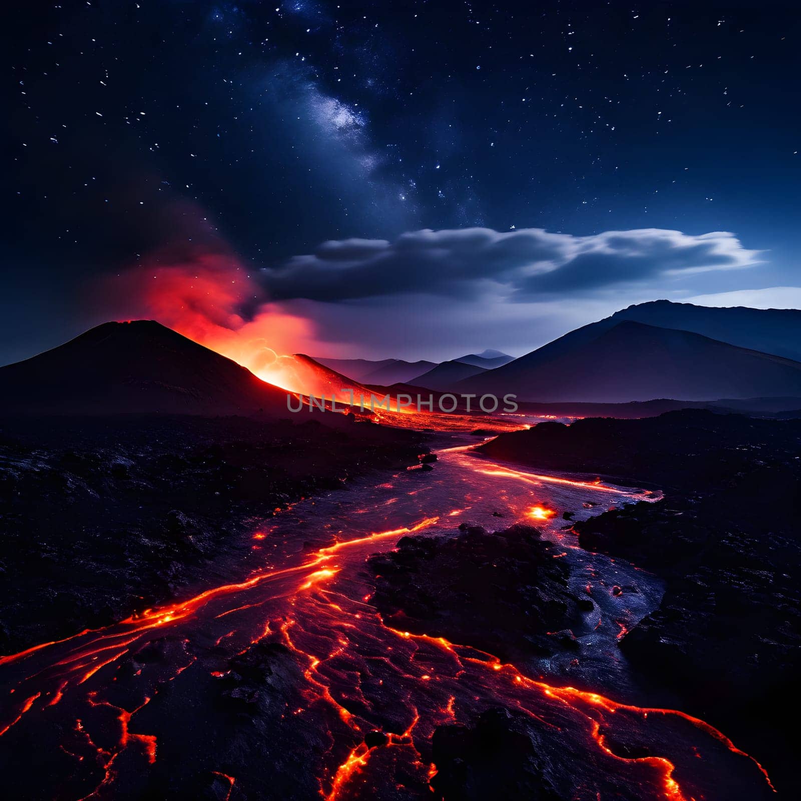 volcano with eruption and magma flow