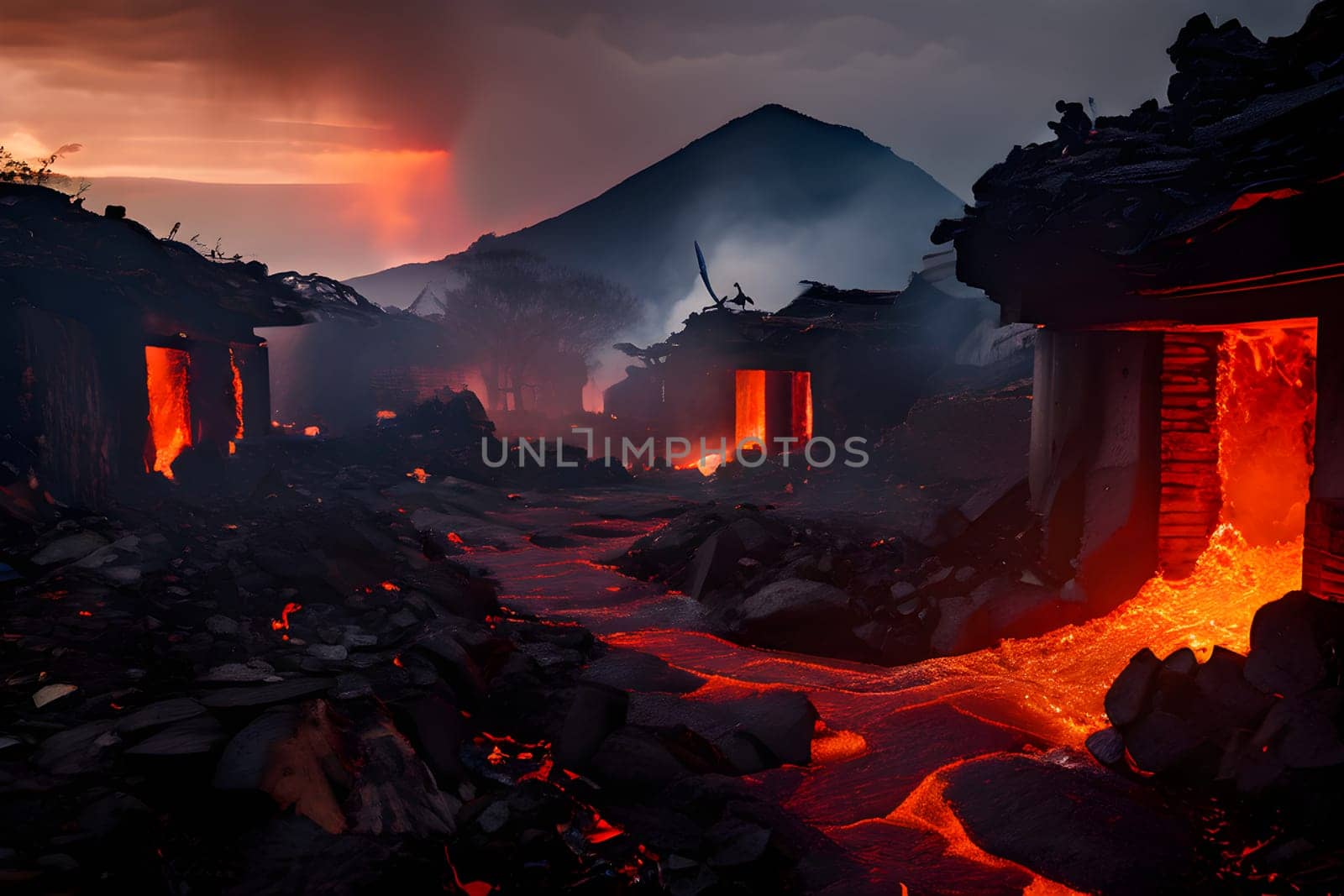 volcano with eruption and magma flow