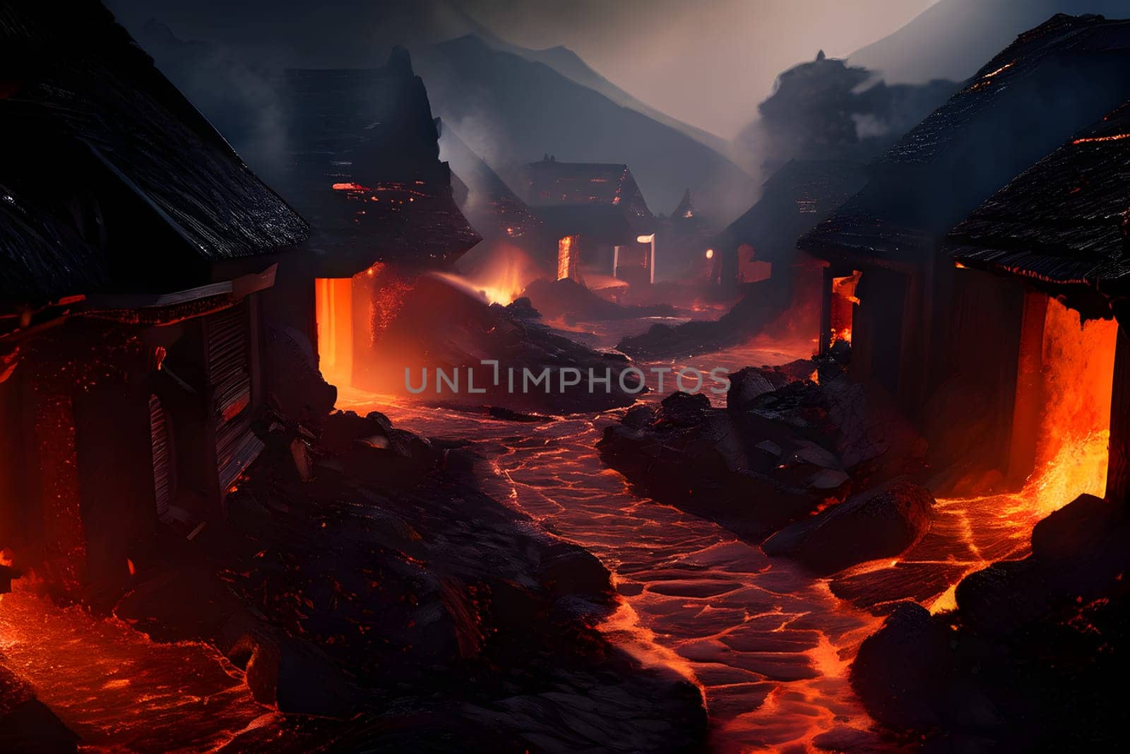 volcano with eruption and magma flow