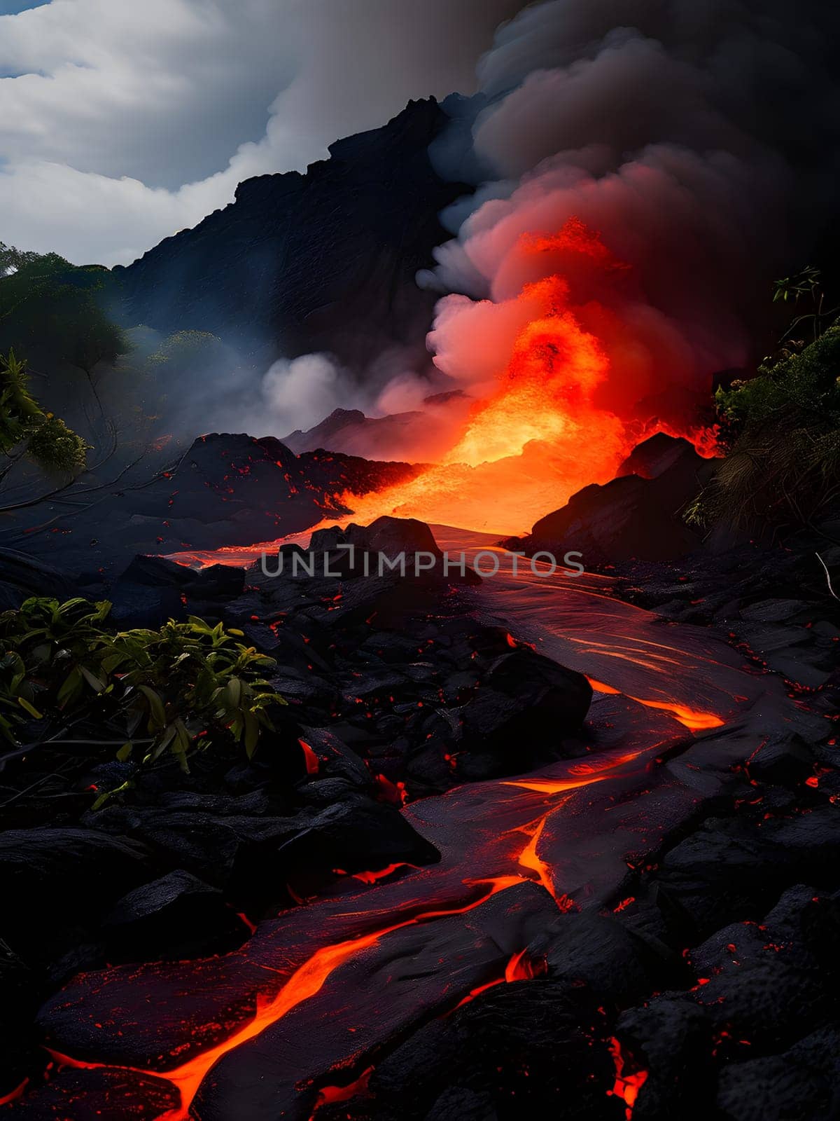 volcano with eruption and magma flow