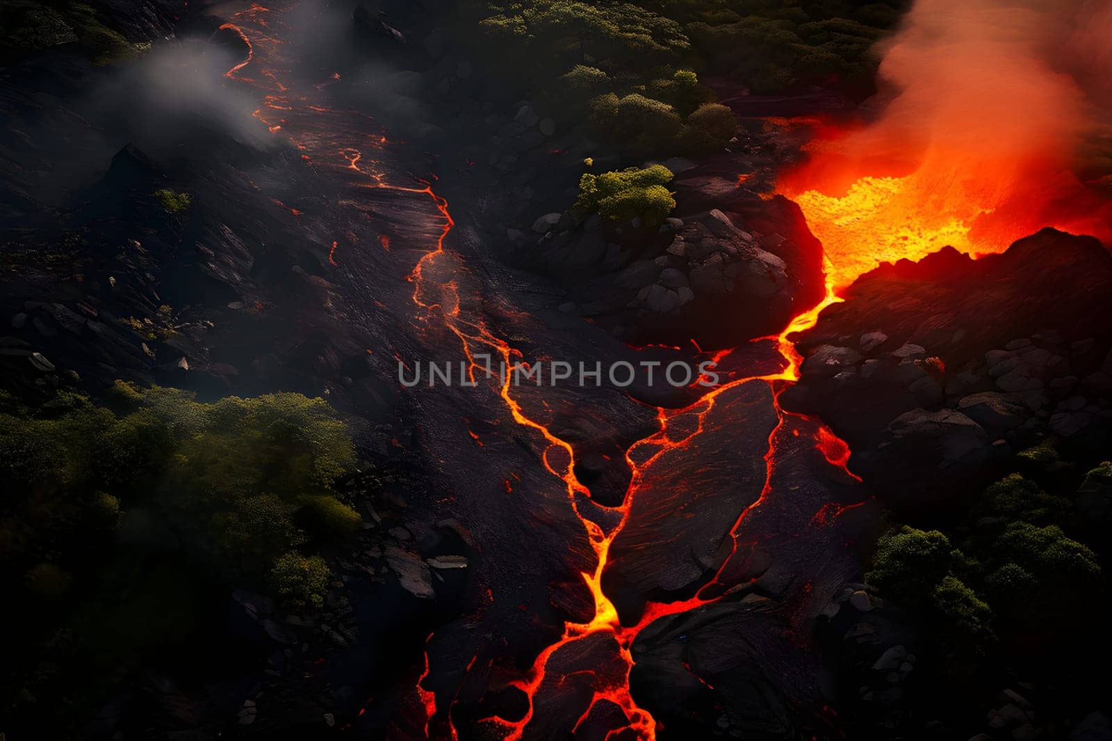 volcano with eruption and magma flow