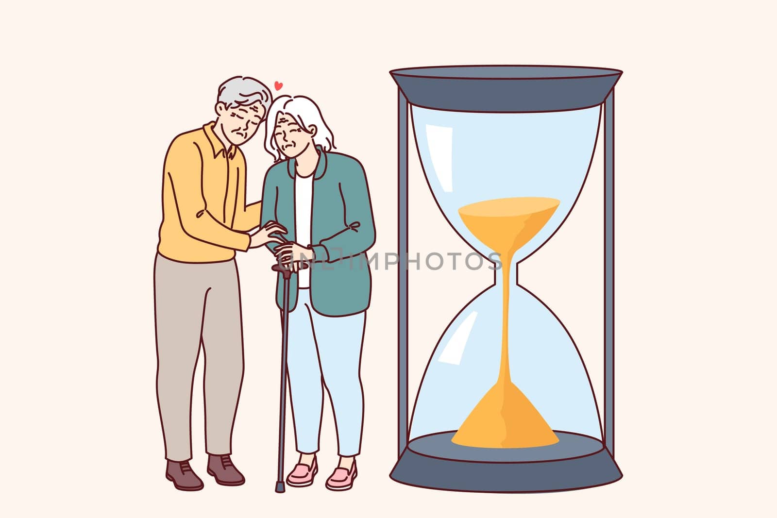 Elderly couple senses fading away and approach of death, standing near giant hourglass symbolizing life. Loving man with woman demonstrate devotion and love despite old age or end of life