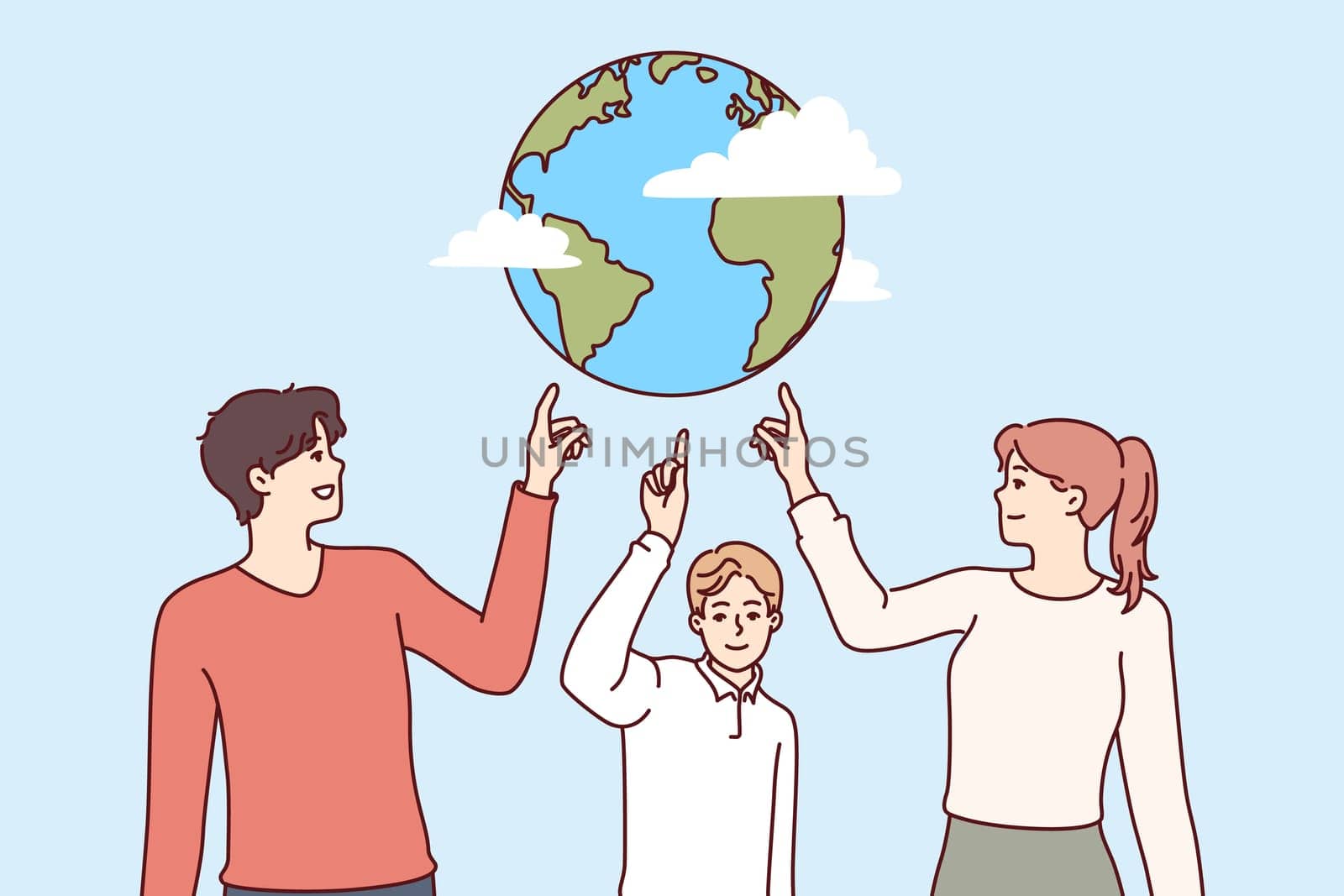 Environmentally conscious people of all ages point to planet together to call for stop to pollution and climate change. Family of parents and child recommends celebrating earth day for save planet