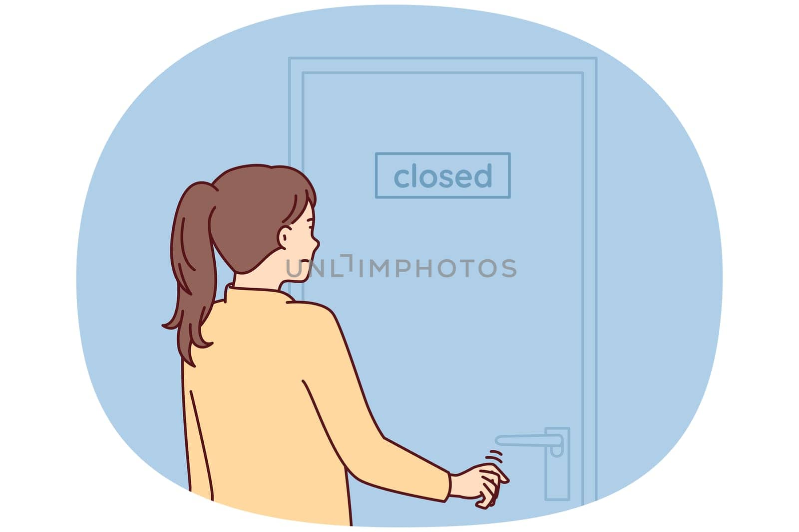 Indecisive woman pulls hand to door with inscription closed stands with back to screen. Girl is discouraged and does not know what to do after store is closed due to bankruptcy