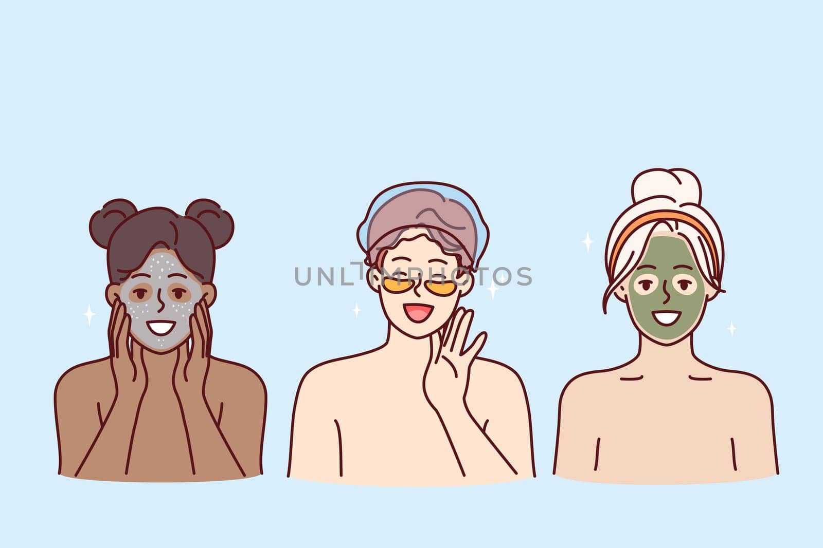 Cosmetology and SPA procedures for two women and man making rejuvenating masks from clay and cream. Happy people use lotions or patches to remove dark circles under eyes visiting SPA center