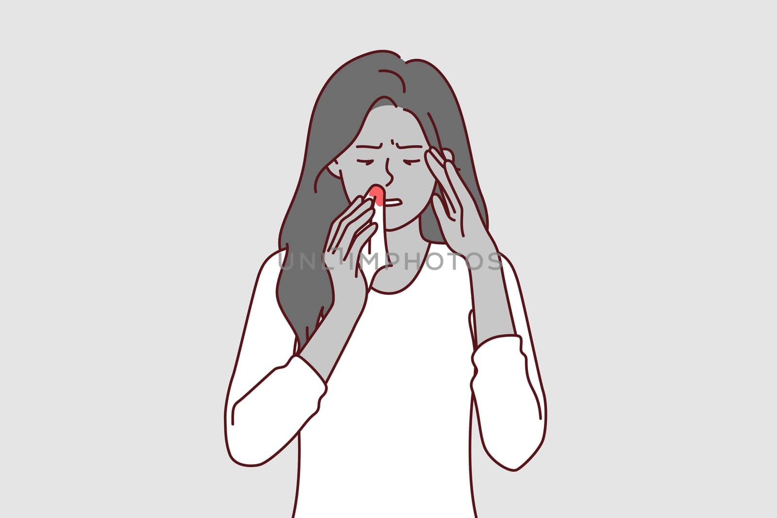 Bleeding from nose of sick woman holding handkerchief with blood stains, caused by high intracranial pressure. Upset girl in casual t-shirt needs medications to lower intracranial pressure