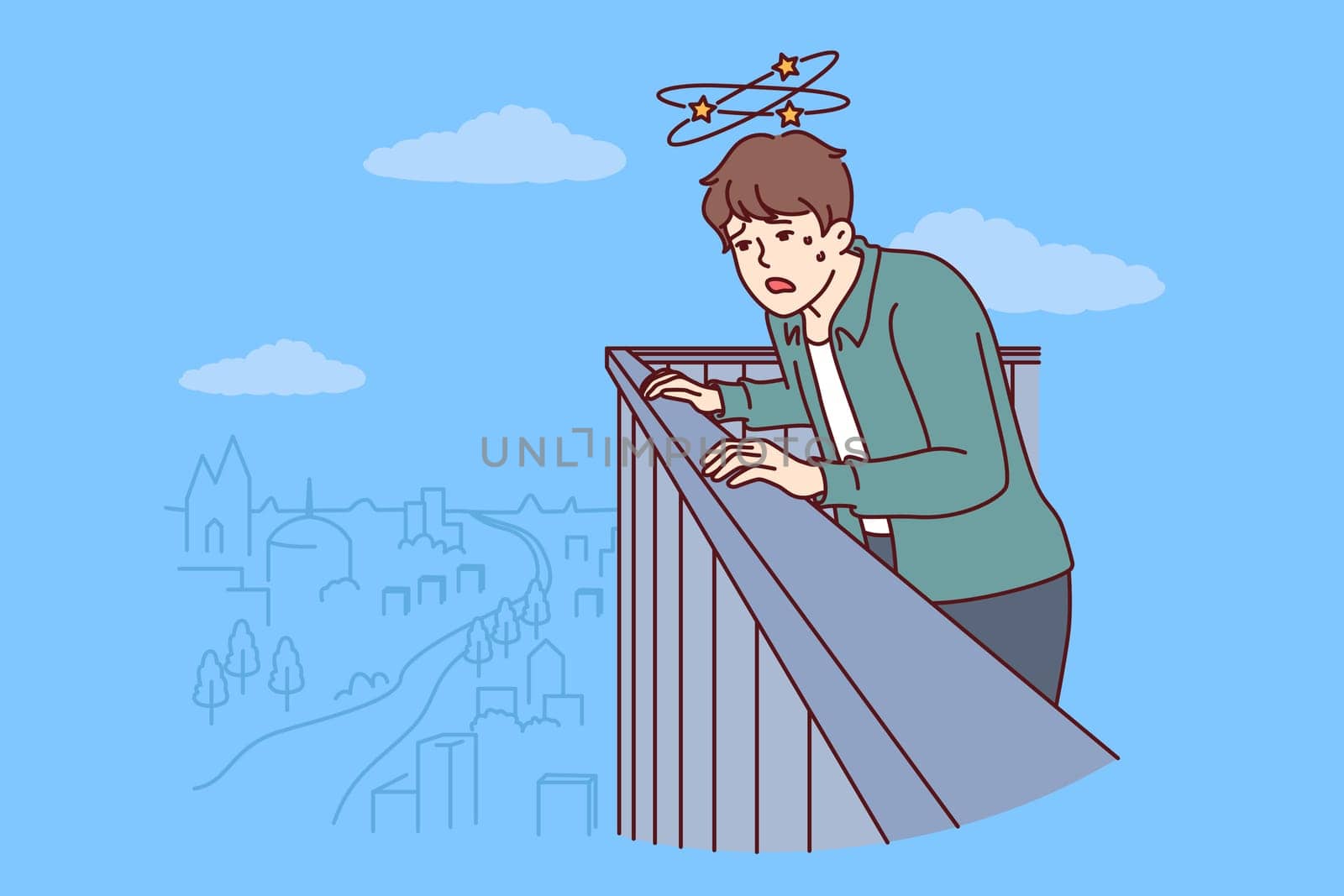 Frightened man with acrophobia and fear of heights looks down from roof of skyscraper trying to overcome fear. Guy with acrophobia syndrome feels dizzy when looking at city from above