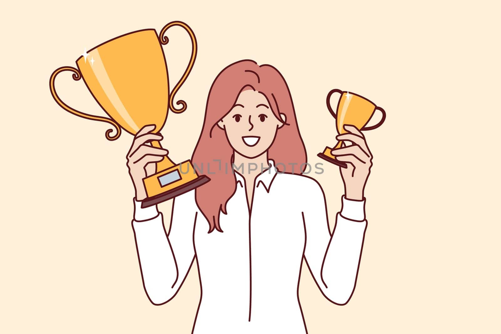 Successful woman manager boasts of gold cups for obtaining leadership position in corporate competitions. Business lady invites employees to participate in trophy drawing for leadership qualities