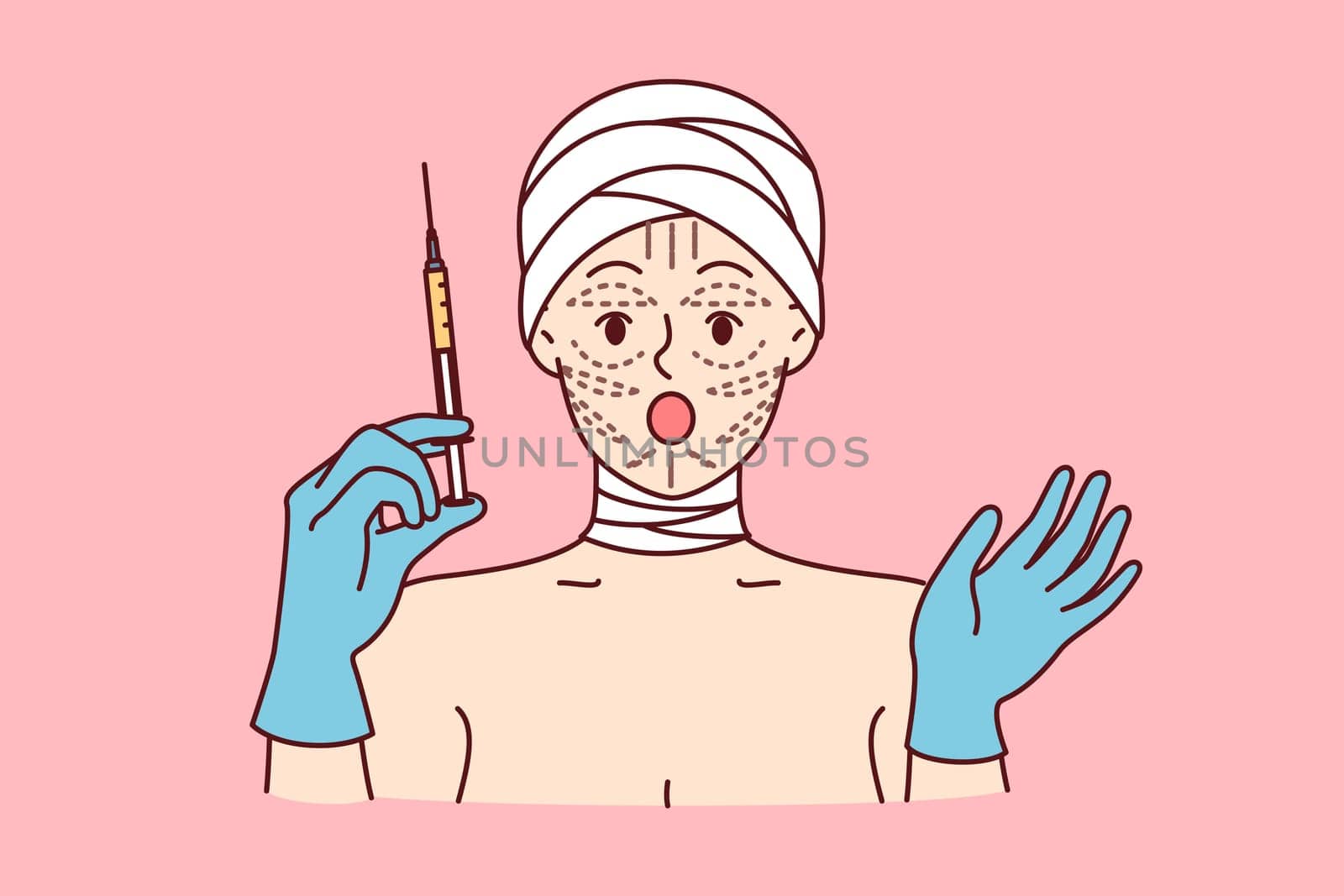 Woman is preparing for facelift procedure, and opens mouth, shocked by prices for plastic surgery, holds syringe in hands. Girl patient at plastic surgery clinic with bandaged head and lines on face