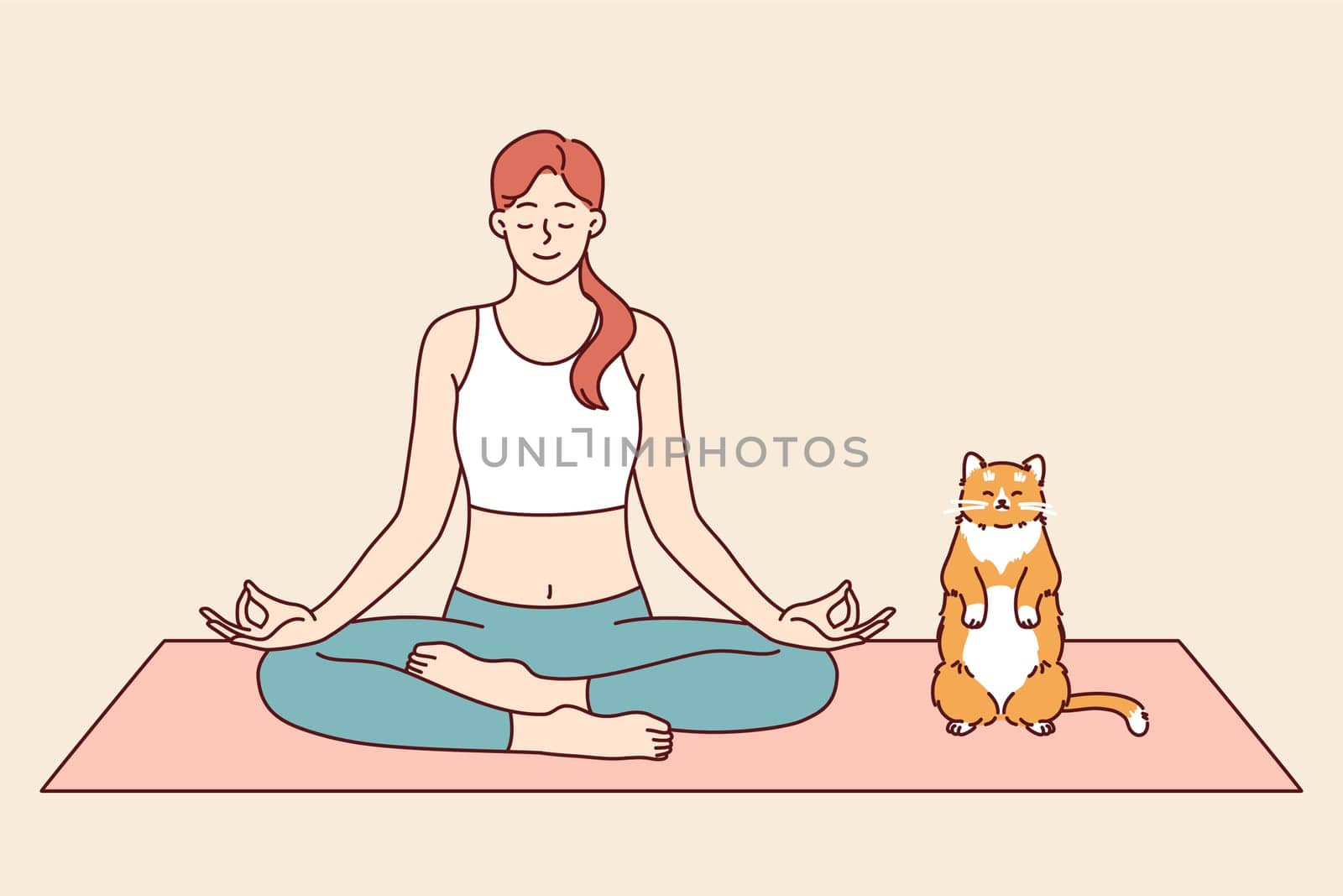 Woman does yoga with cat, meditating in lotus position from zen or asana practice. Pet imitates owner who is keen on yoga and training from buddhist teachings to achieve psychological comfort