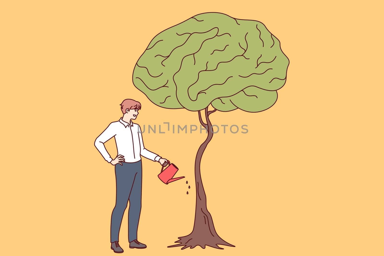 Businessman develops own intelligence by watering trees with brain shaped leaves as metaphor for receiving business education. Guy entrepreneur cares about gaining new knowledge and developing brain