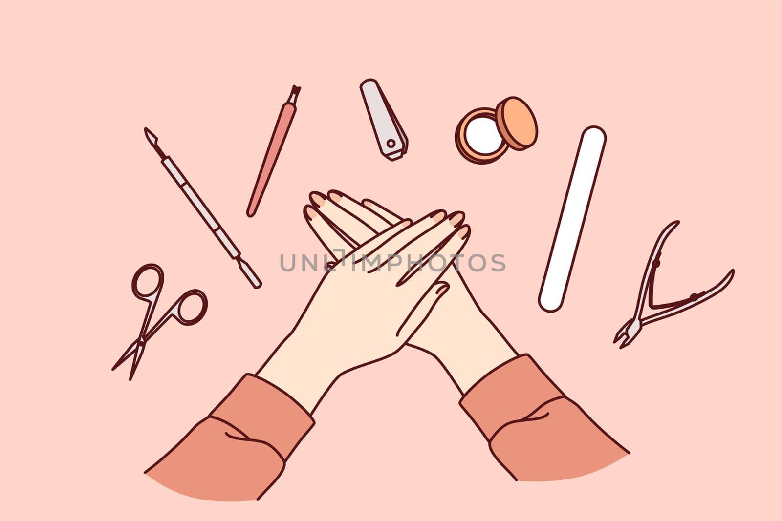Tools for manicure around hands of woman with nails in need of polishing or removing cuticles. Manicure set with nail file and small scissors for self-care of your fingers without trip to beauty salon