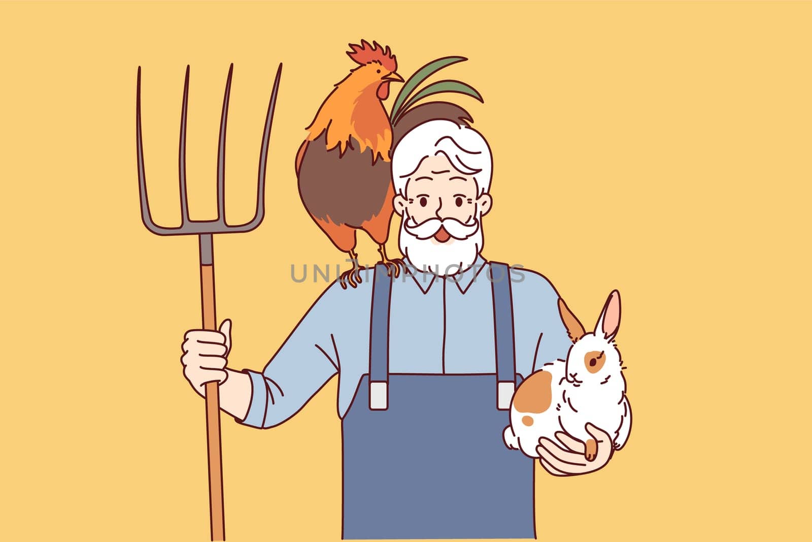 Elderly man farmer engaged in agriculture and livestock raising holds rake and rabbit with rooster. Happy grandfather farmer rejoices at having own farm and possibility of country life