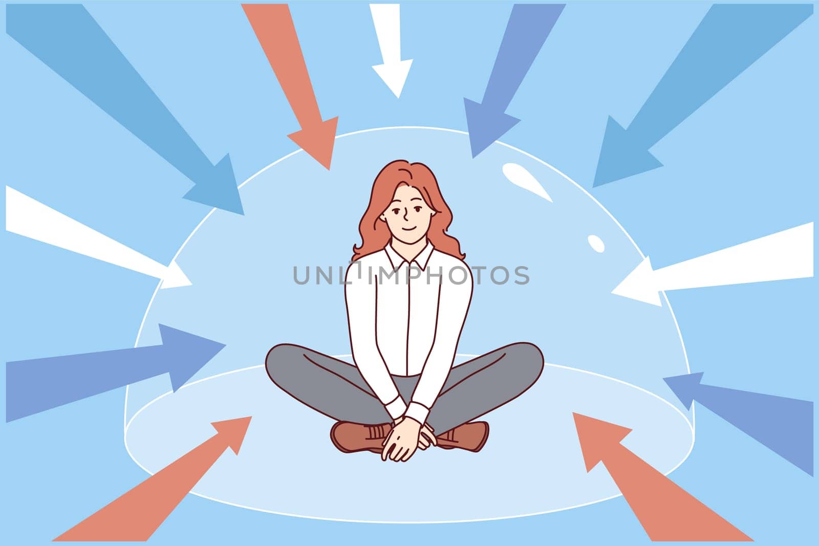 Woman sits in dome protecting from external negative influences, for concept of good mental health. Metaphor of invisible immunity protecting against harmful unwanted interference in personal space