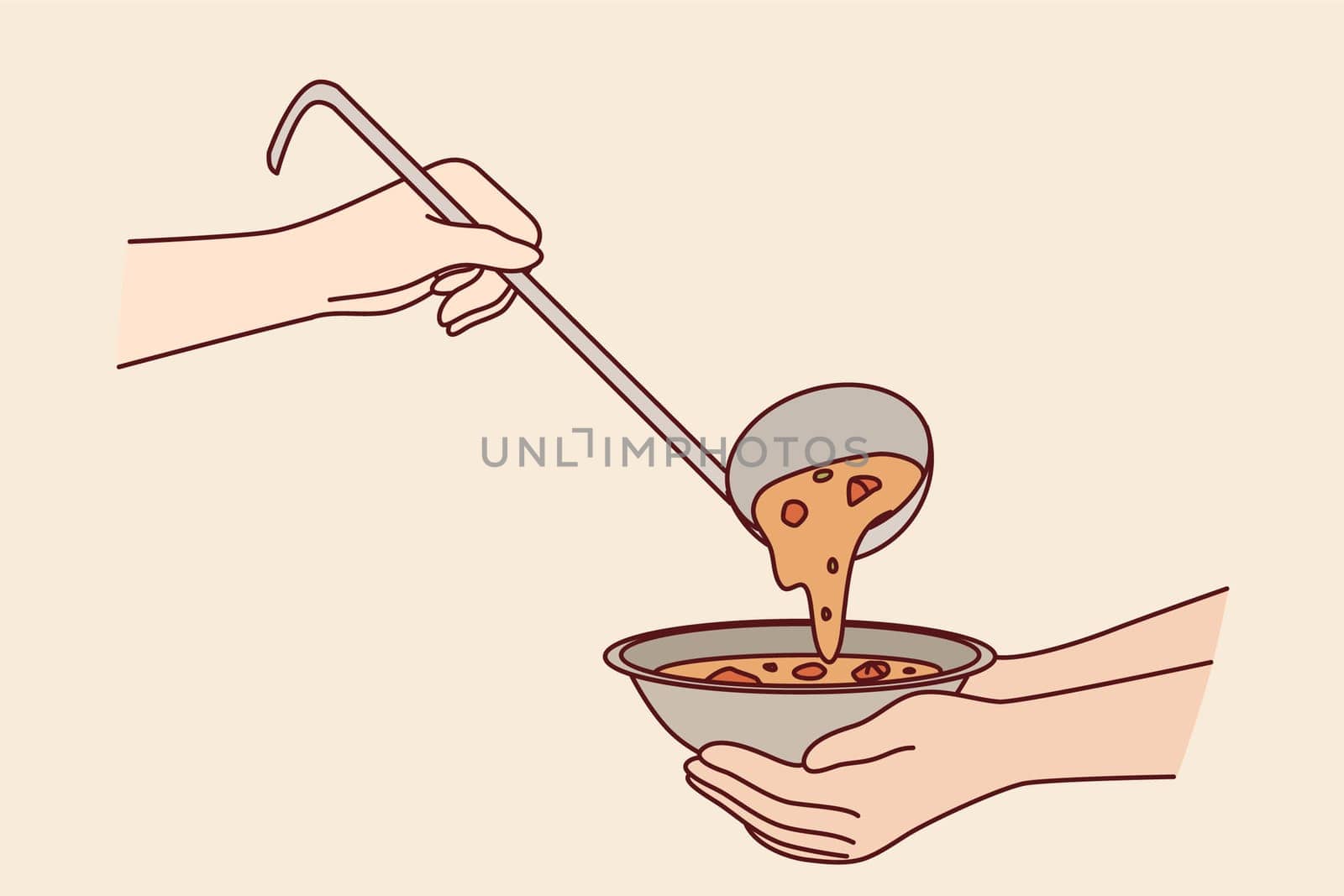 Plate of soup in hands of poor person receiving food from charity or shelter that provides nutrition for food stamps. Problem hunger and lack of money for three meals day, due to bankruptcies