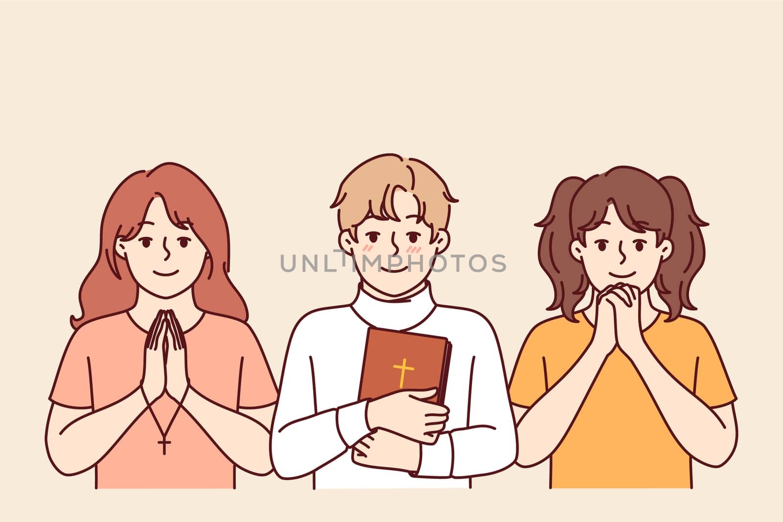Children sunday school students make prayer gestures and hold holy bible or christian crosses in hands. Christian children from catholic or orthodox fold learn to perform religious rituals
