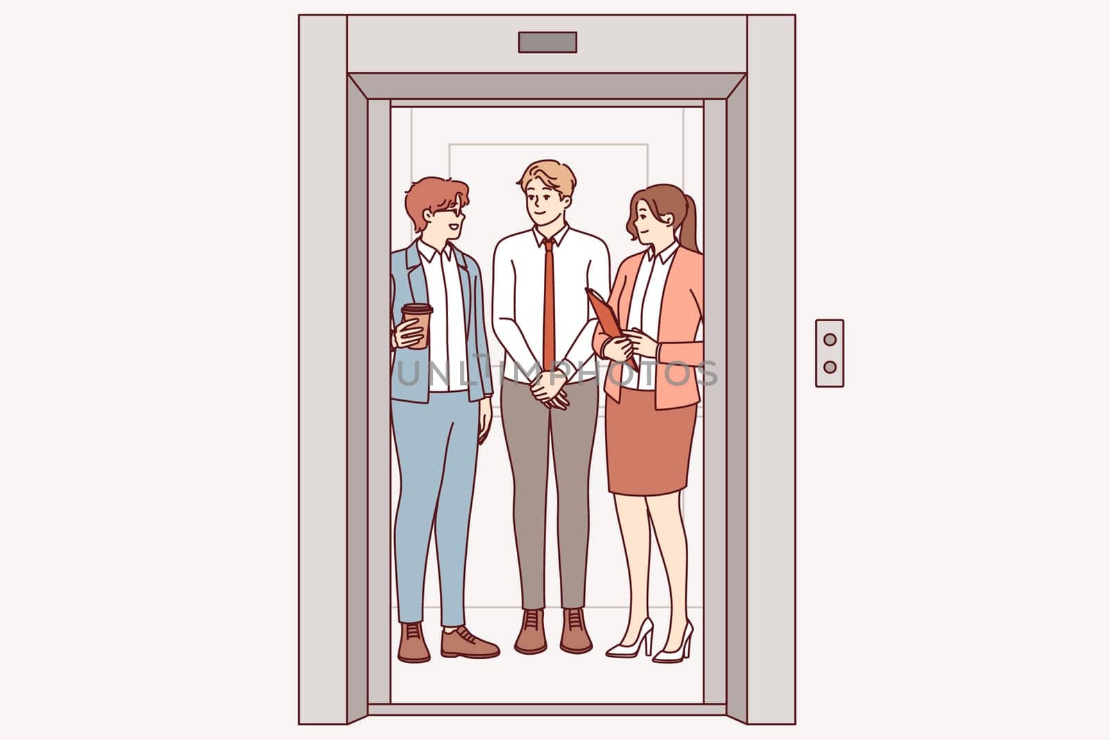 Business people ride in elevator together, going up to another department of corporation or making partner visit. Men and women working as clerks meet in elevator, showing joy at sight of colleagues
